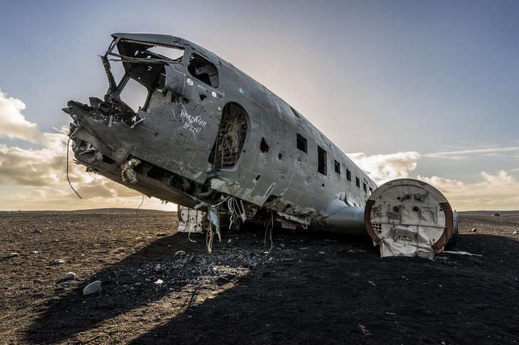 The wreckage of a Douglas DC-3 aircraft